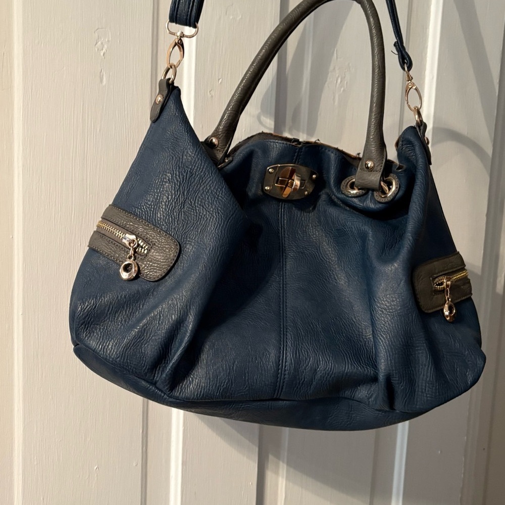 Navy Blue Slouchy Shoulder Bag with Gold Accents